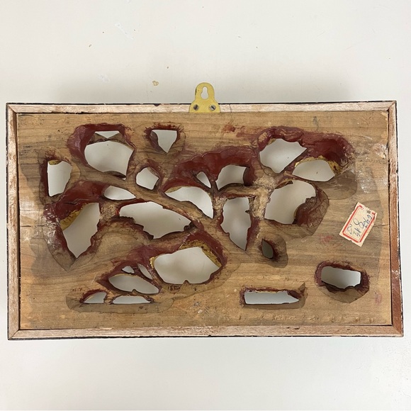 Asian Hand Carved Gilt Wooden Bird Floral Art Hanging 13” x 8” Wall Panel Decor - Picture 10 of 16